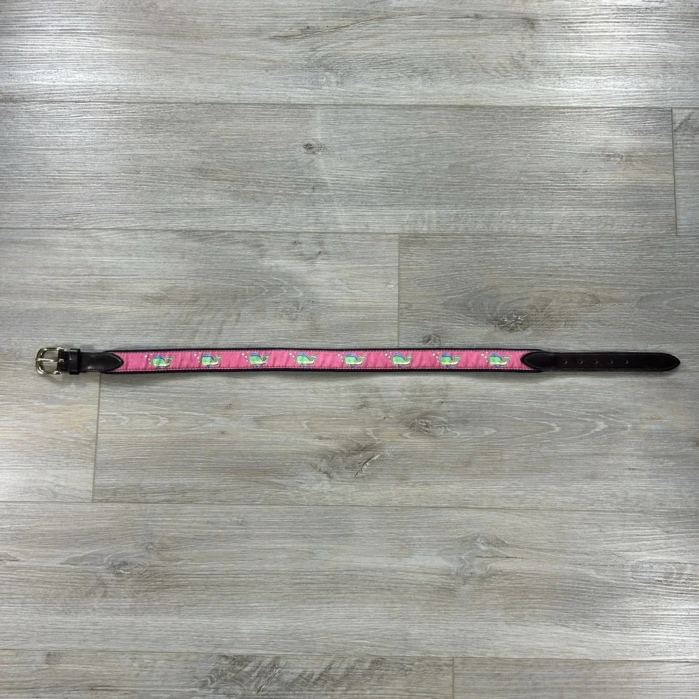 Vineyard Vines Whale Belt Men's Size 28 Pink/ Navy Blue Solid Brass Buckle